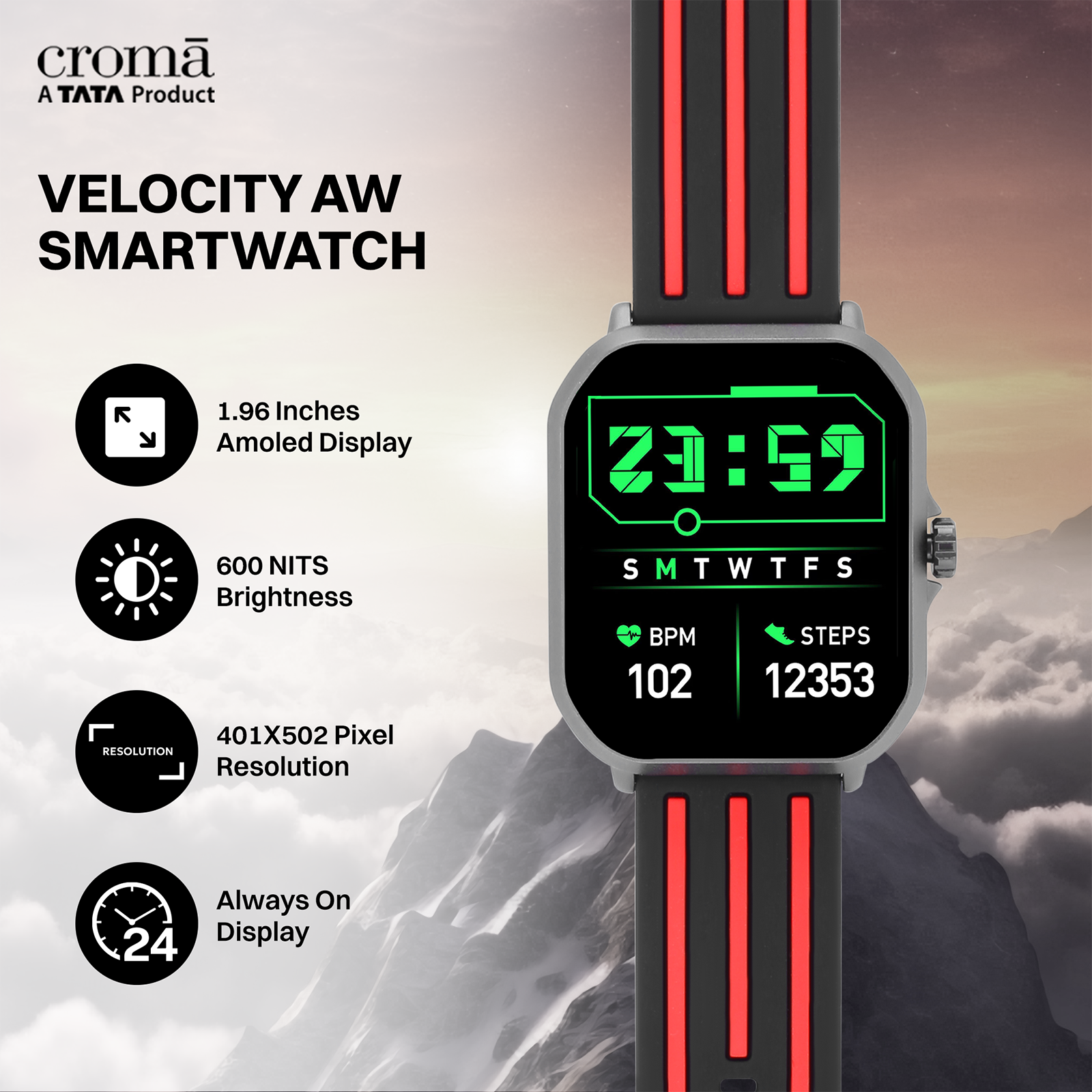 Buy Croma Velocity AW Smartwatch with Bluetooth Calling 1.96 inches AMOLED Display IP68 Water Resistant Black Strap Online Croma